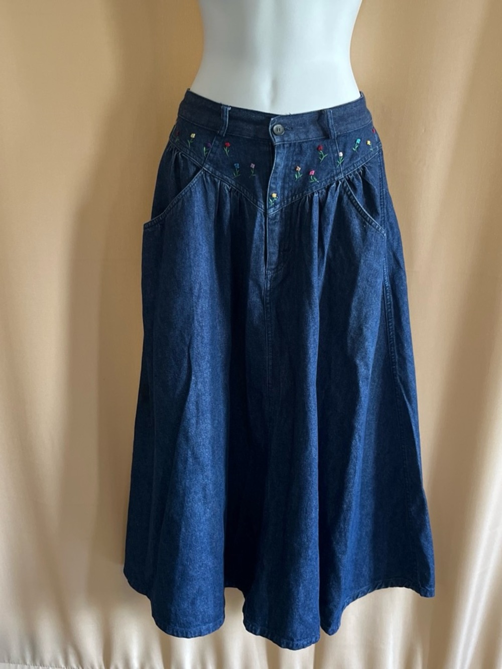 Marsh Landing Dark Blue Denim A-Line Midi Skirt with Floral Embroidery